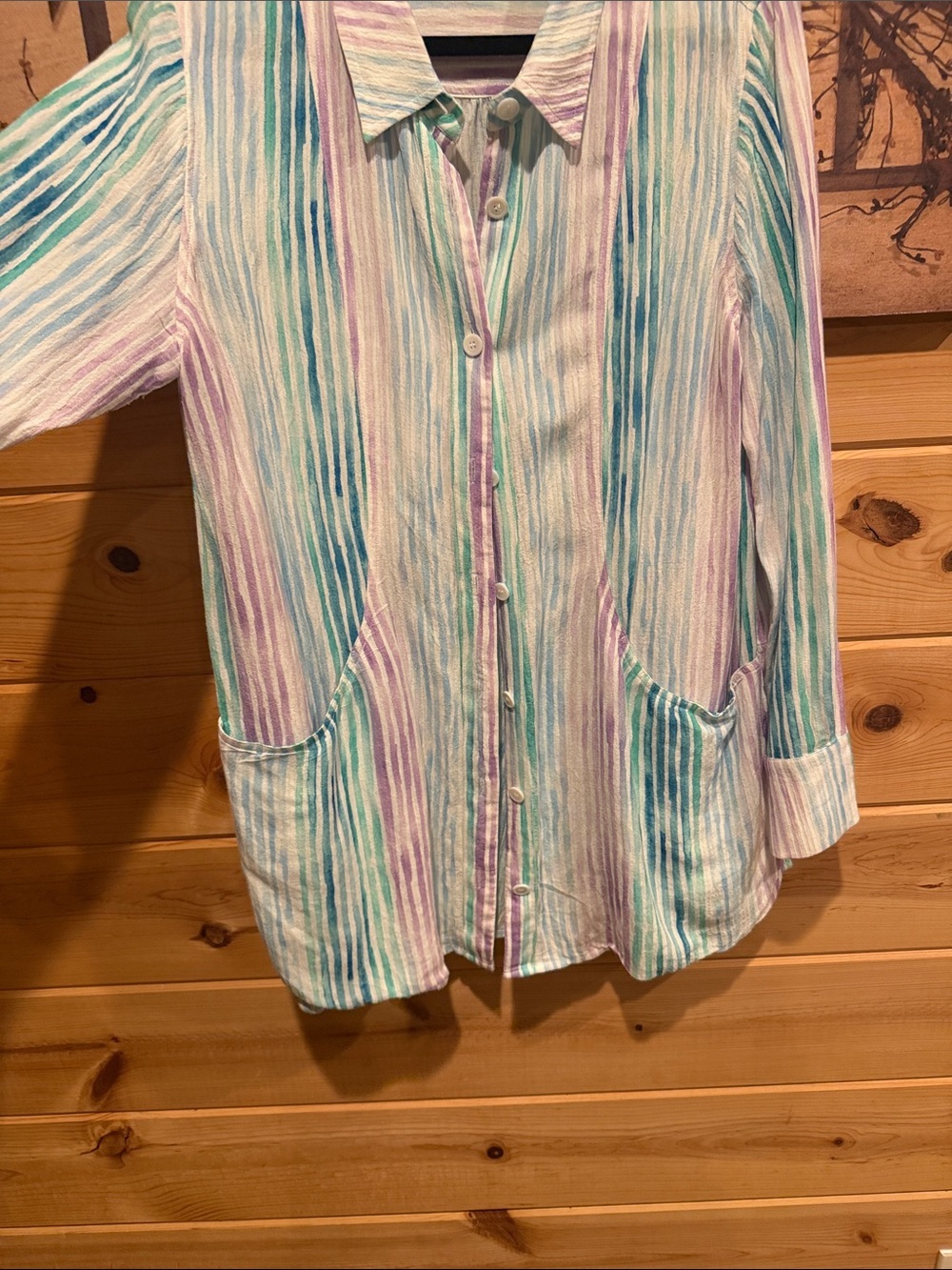 Soft Surroundings Striped Button-Up Blouse in Teal, Lavender & Aqua - Picture 5 of 5